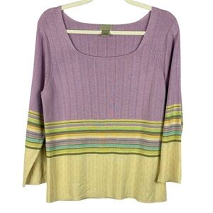 Sigrid Olsen Sport Cotton Blend Lilac Yellow Striped Detail Large Knit Top